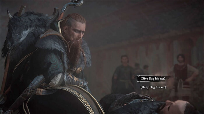 You must defeat Dag and this confrontation is treated as a boss fight - Assassins Creed Valhalla: Dags axe - give it to him or not? - Campaign - Assassins Creed Valhalla Guide