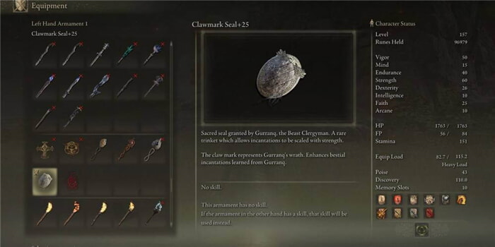 Upgraded Clawmark seal description shown in inventory Elden Ring scree