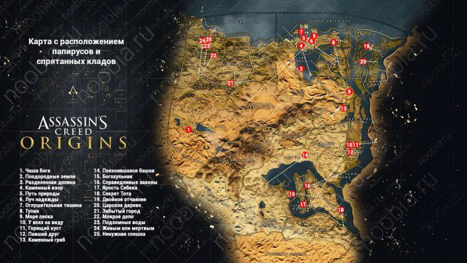 Assassin's Creed: Origins: карта с местоположение всех папирусов и тайников из загадок